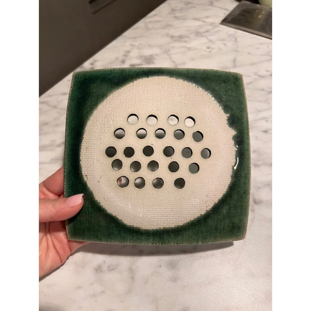 Handmade Ceramic Soap Dish or Flower Frog Forest Green Leaf Embossed Pottery